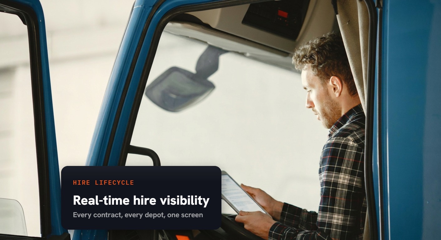 Truck driver in the cab reviewing hire paperwork on a tablet — hire lifecycle: real-time hire visibility across every contract and depot