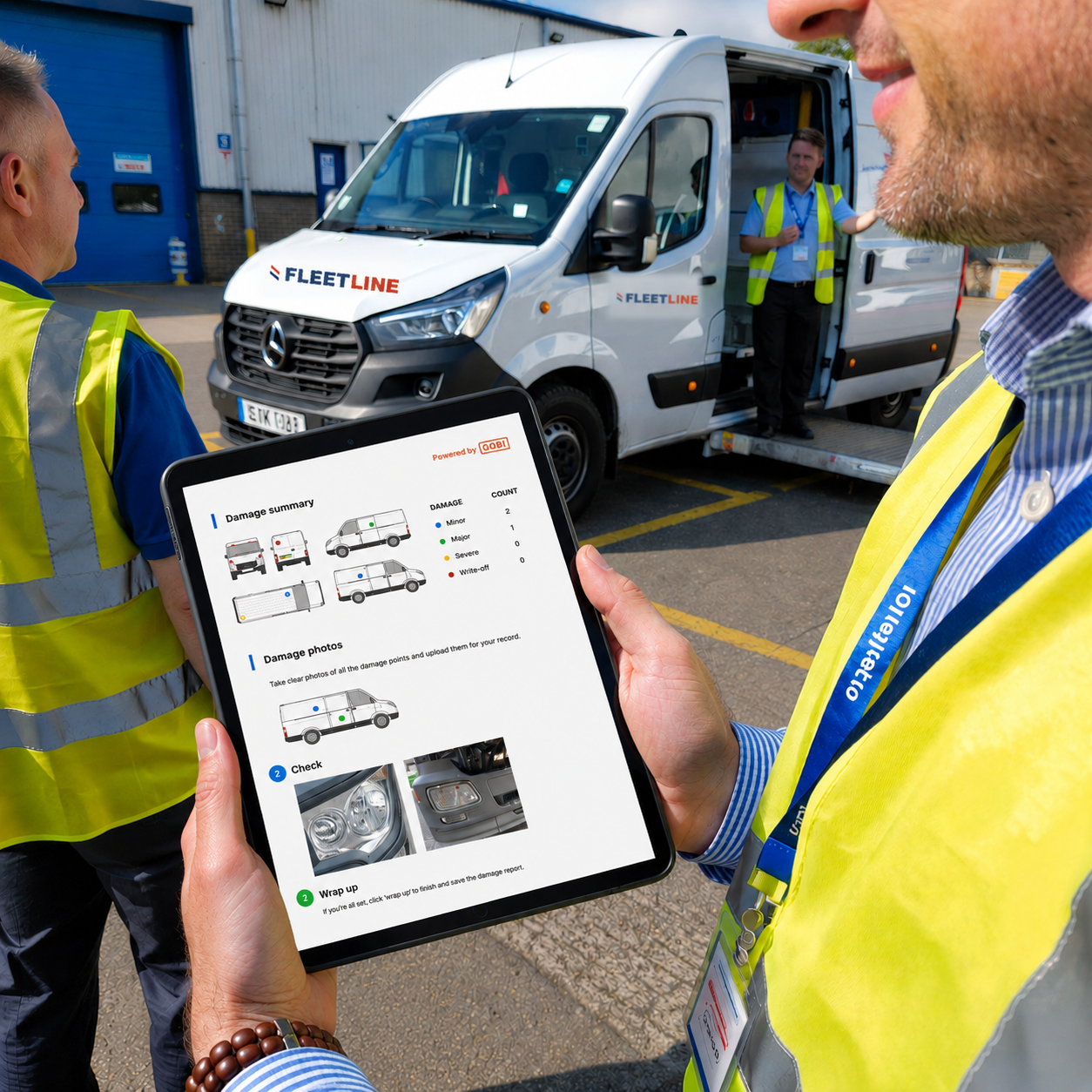 Depot worker holding a tablet showing the OGRE vehicle damage report — body condition summary, damage counts and photos